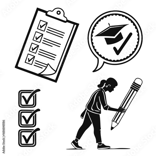 Checklist graduation cap and person with pencil education