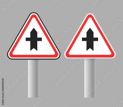 Crossroads with a minor road. Traffic sign. Vector 3d clipart isolated on grey background.