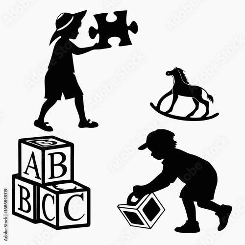 Children playing with toys puzzle blocks rocking horse silhouette