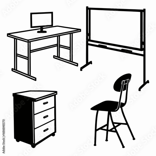 Classroom furniture set desk computer whiteboard chair cabinet monitor