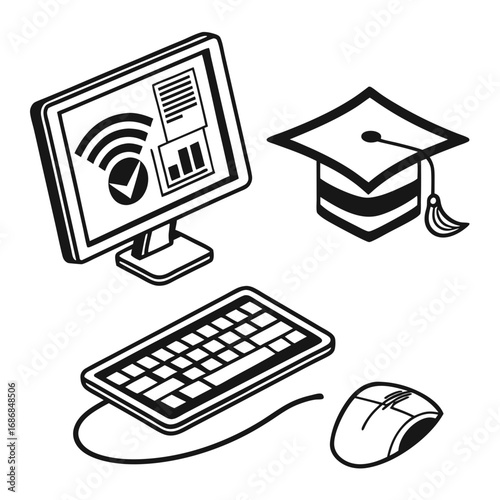 Computer graduation cap keyboard mouse icons vector