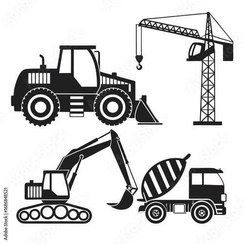 Construction vehicles crane excavator loader cement mixer vector