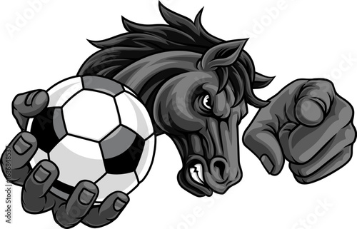 Horse mustang bronco stallion soccer football angry sports team mascot holding a ball.