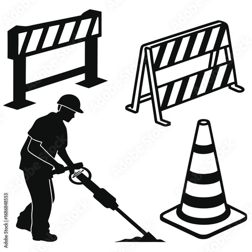 Construction worker jackhammering barrier cones vector