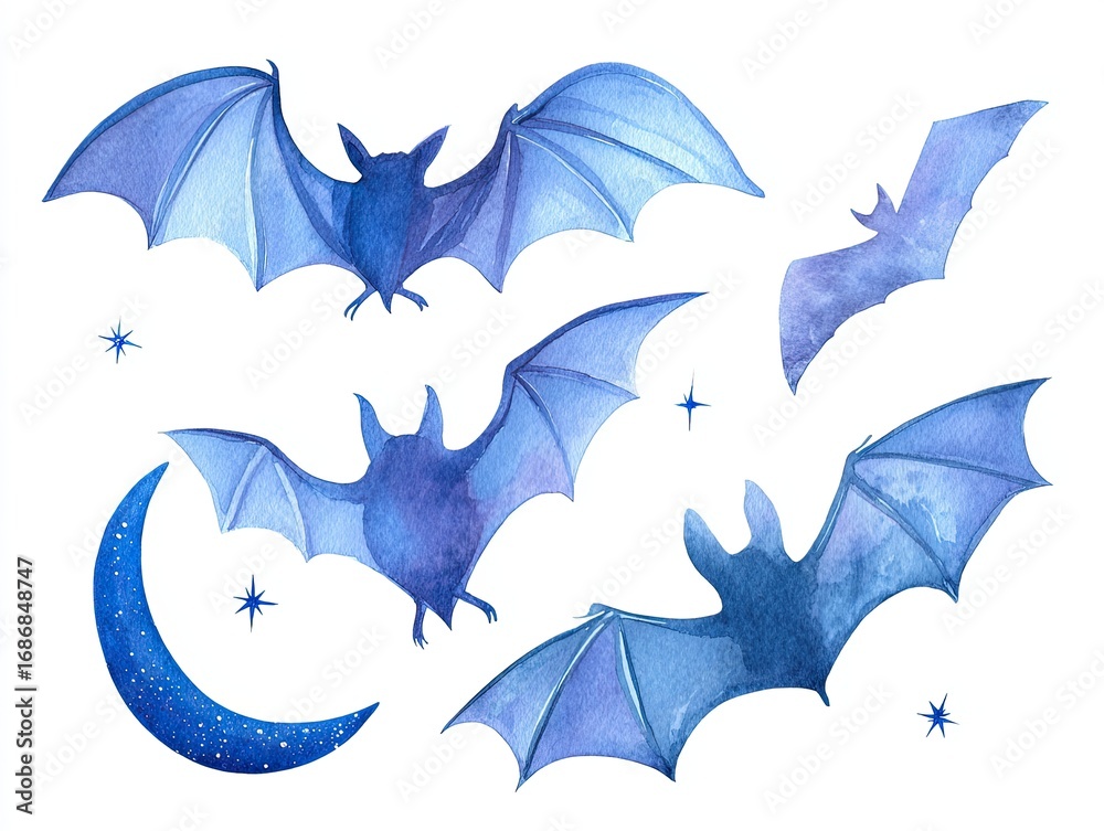 Fototapeta premium Ethereal Watercolor Halloween Clipart Set with Bats and Moon on White Background