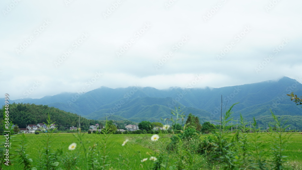 Obraz premium The beautiful mountains landscapes with the green forest and little village as background in the countryside of the China 