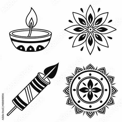 Diwali diya lamp firecracker mandala decorative elements vector