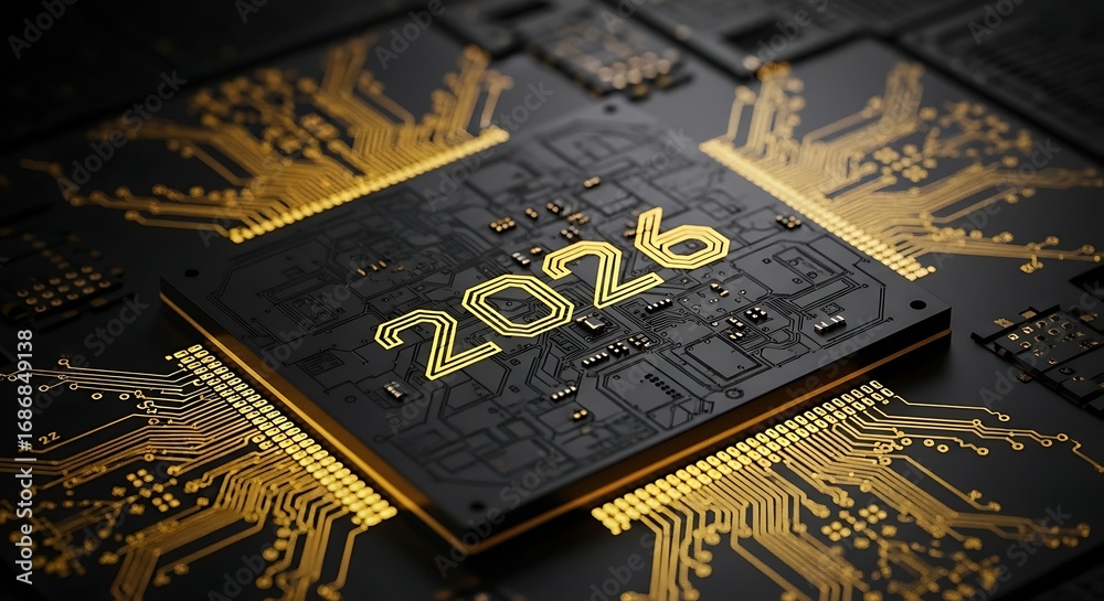 Fototapeta premium Glowing 2026 on Advanced Microchip - Future Technology and Innovation on Dark Circuit Board.