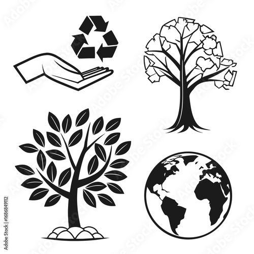 Eco conservation icons earth trees recycling hand vector