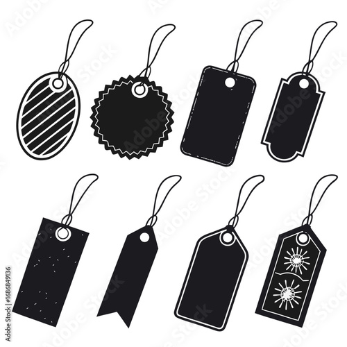Eight Black Clothing Tags with Various Shapes and Designs price tags gift tags