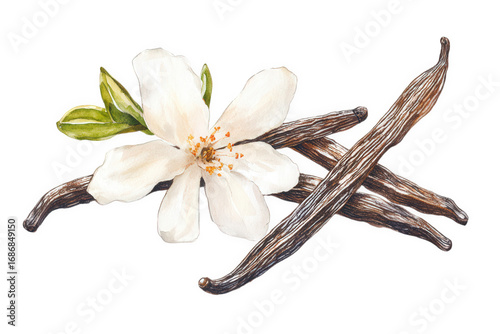 Watercolor illustration of vanilla flower and beans, isolated on transparent background