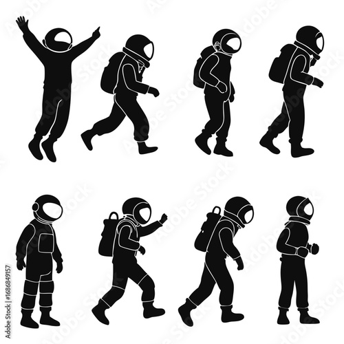 Eight black astronaut silhouettes in various poses space suit exploration