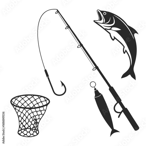 Fishing rod hook net fish lure vector