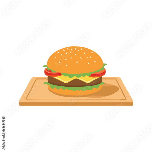 Juicy cheeseburger with lettuce tomato and cheese on wooden board food fast food