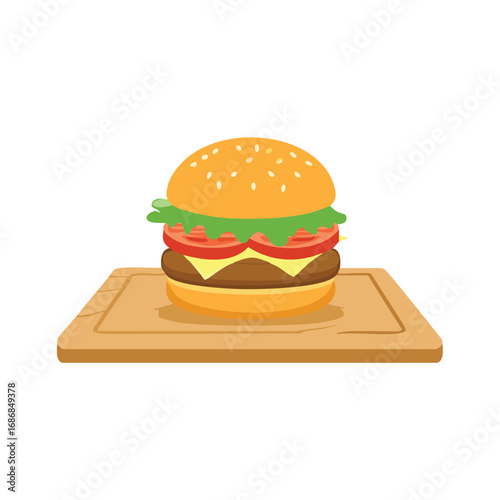 Juicy hamburger with lettuce tomato cheese and sesame seed bun on wooden board food