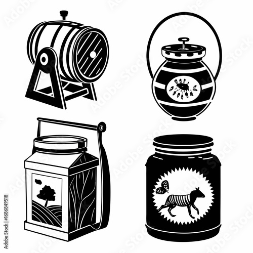 Four black and white container silhouettes with decorative elements honey jar ghee container