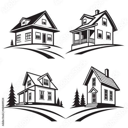Four black and white house illustrations with trees and landscape home building