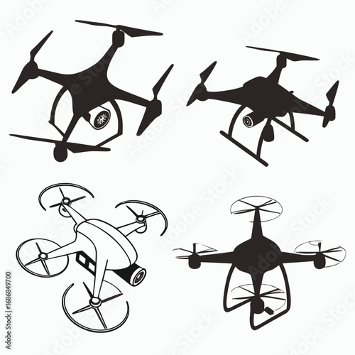 Four black drone and quadcopter silhouettes aerial vehicle unmanned aerial vehicle