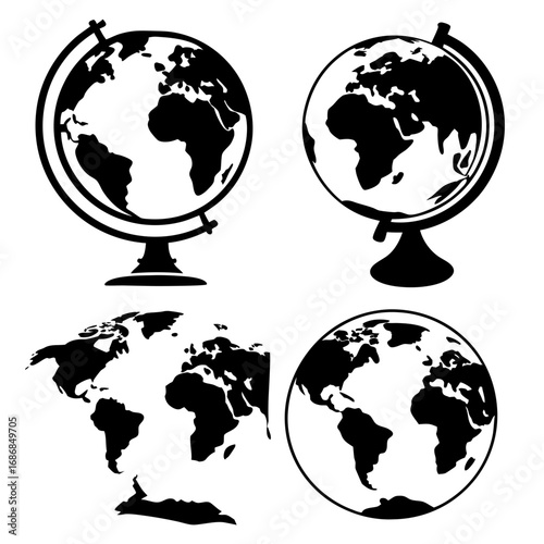 Four black globes and world map silhouettes education geography