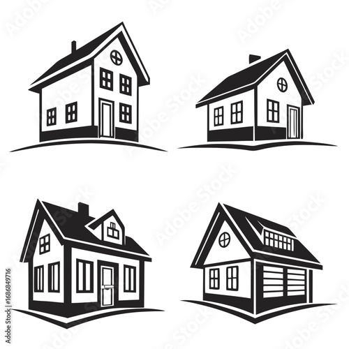 Four black house outlines on white background home building