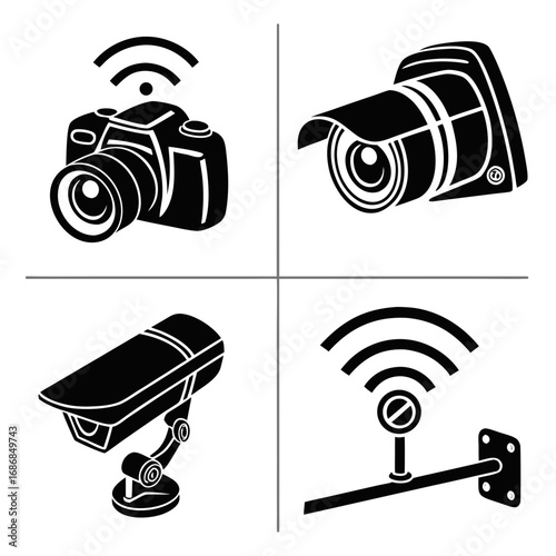 Four black security camera icons with wireless signals surveillance technology
