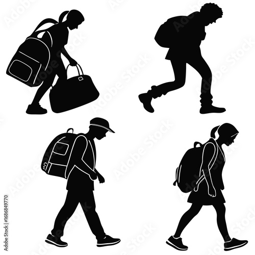 Four black silhouettes of people carrying bags backpacks school