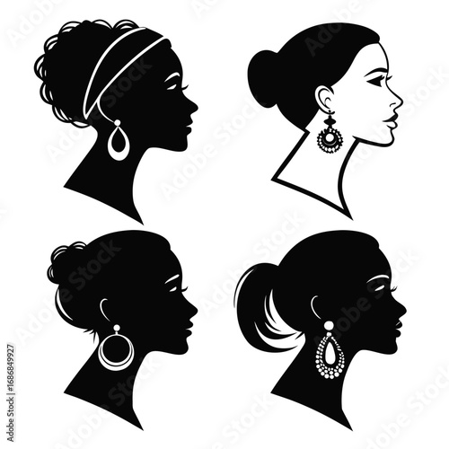 Four elegant female profiles with diverse hairstyles and earrings silhouette woman