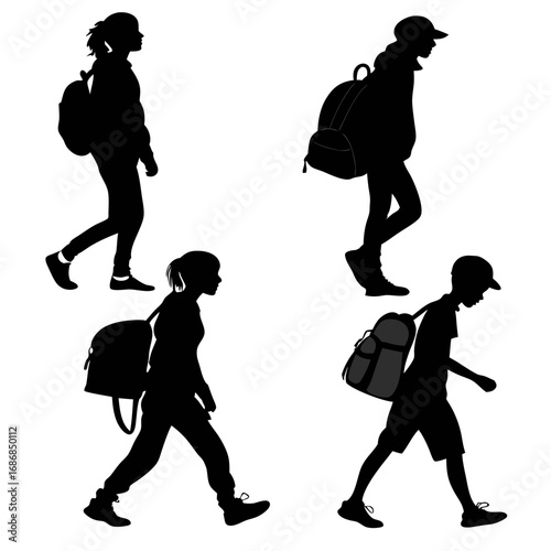 Four walking figures with backpacks silhouette people
