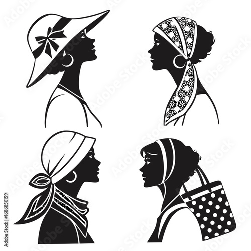 Four women silhouettes with headwear and accessories fashion