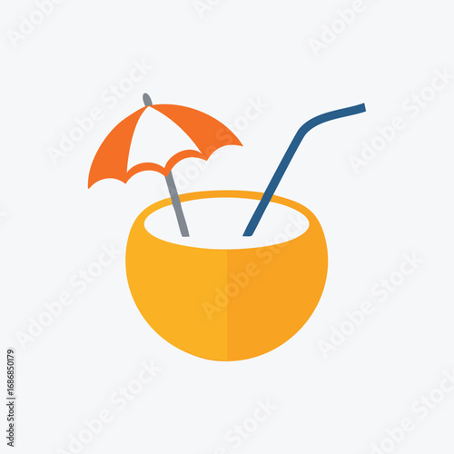 Orange umbrella blue straw in yellow coconut drink tropical beverage refreshment