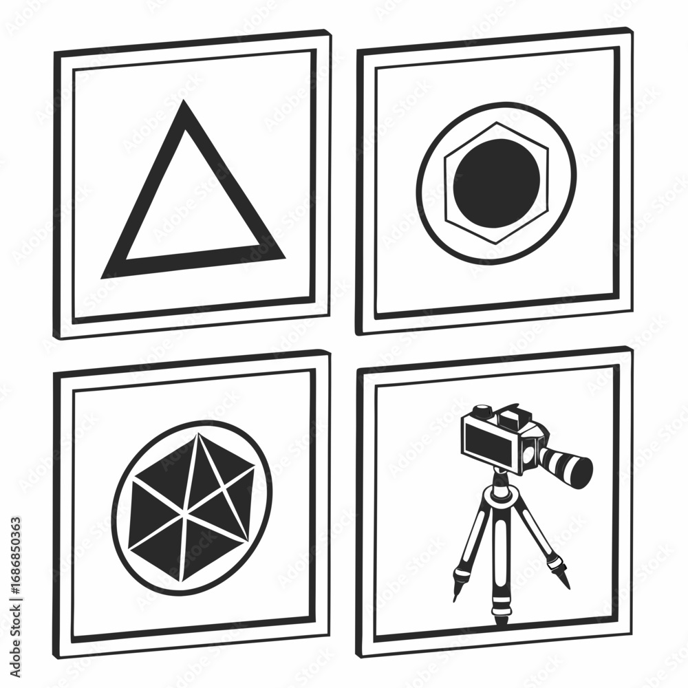 Obraz premium Geometric shapes and camera on tripod in frames triangle circle