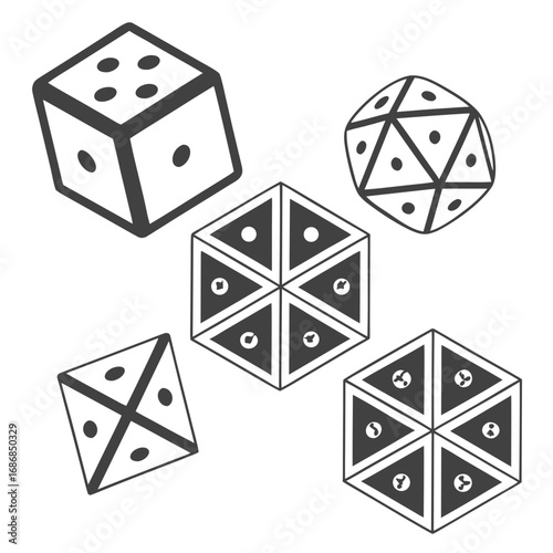 Geometric dice and polyhedral shapes with dots isometric