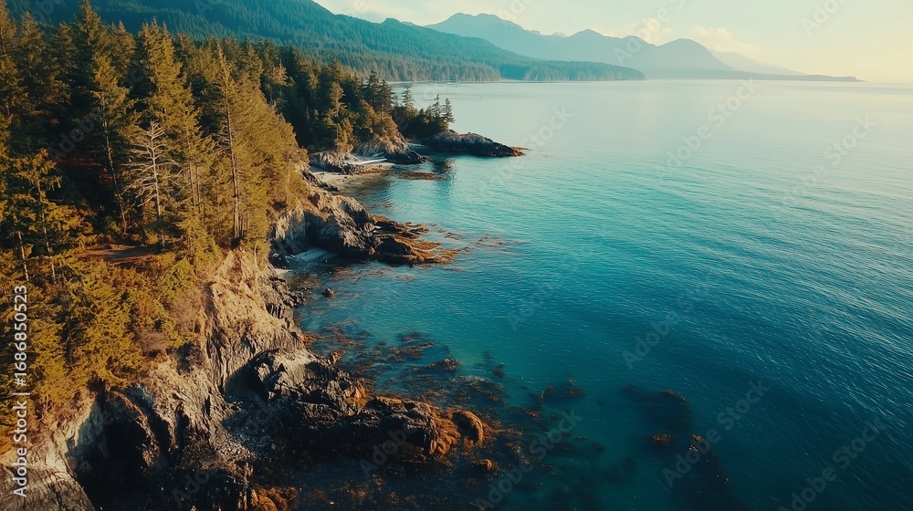 Obraz premium An aerial view of the ocean and trees. Aerial drone footage of realistic coastlines and landscapes. A shallow depth of field on vancouver island. A bird's-eye perspective of lifestyle the sea and.