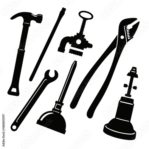 Hammer wrench pipe fittings plunger and pipe cutter silhouettes plumbing tools