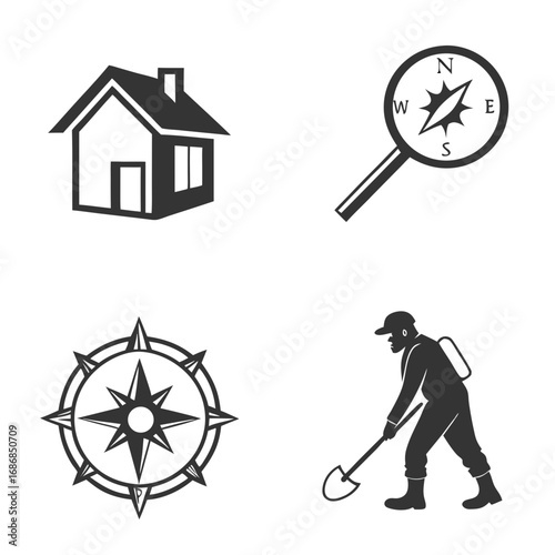 House compass and person digging home building
