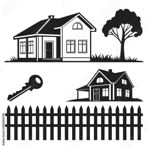 Houses tree key fence silhouettes home real estate