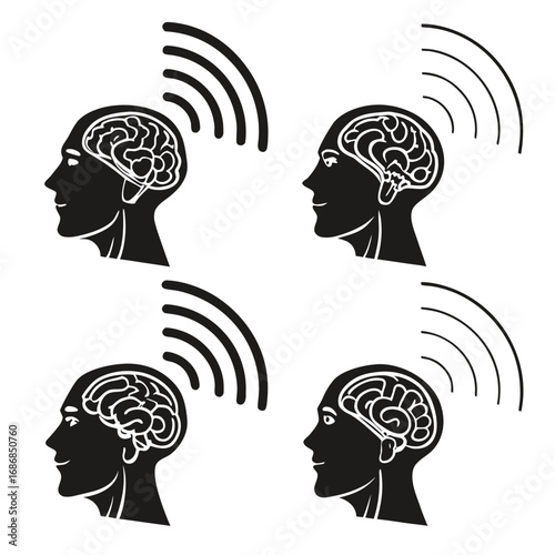 Human brain signals emanating from heads silhouette wave