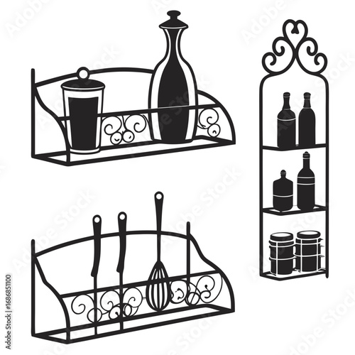 Kitchen shelving with bottles jars utensils and oils vector