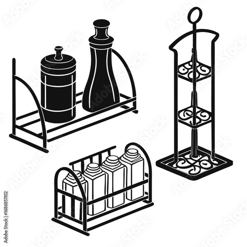 Kitchen spice rack with bottles and jars containers