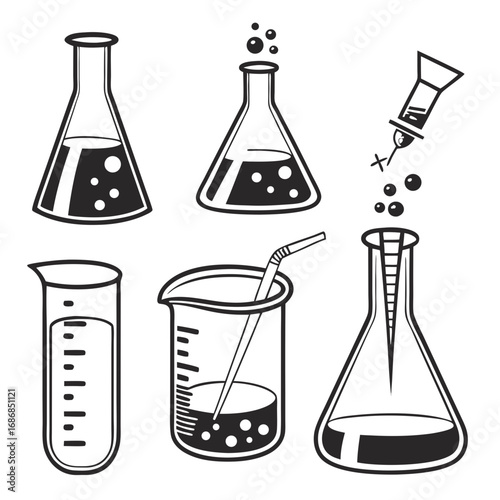 Laboratory glassware collection with bubbling liquids and dropper chemistry flasks