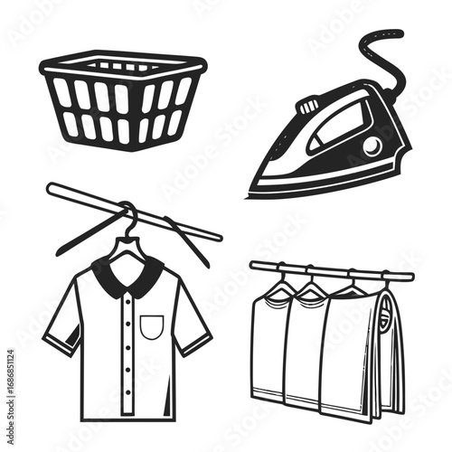 Laundry basket iron shirt hanger clothes rack vector