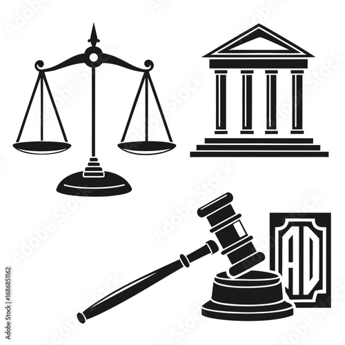 Legal justice symbols courthouse scales gavel shield vector