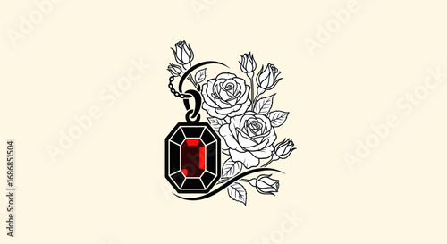 Elegant Red Gemstone Pendant with Intricate Rose Line Art.