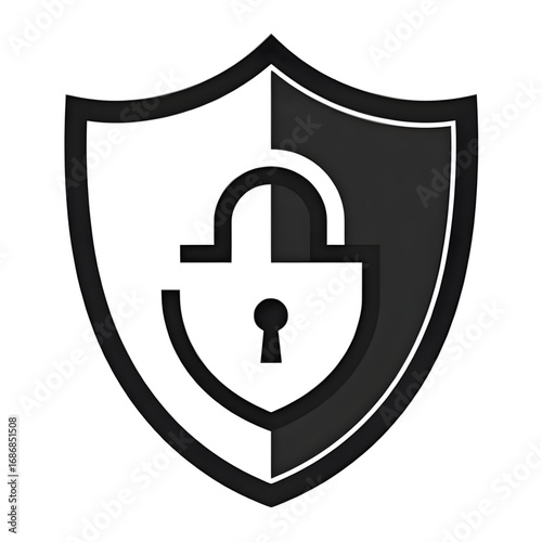 Secure Shield of Protection: A bold, monochromatic emblem of security, a shield coupled with a padlock represents data protection and cyber defense.
