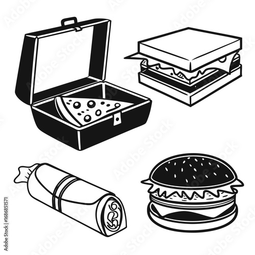 Open lunchbox with pizza slice burger and burrito vector