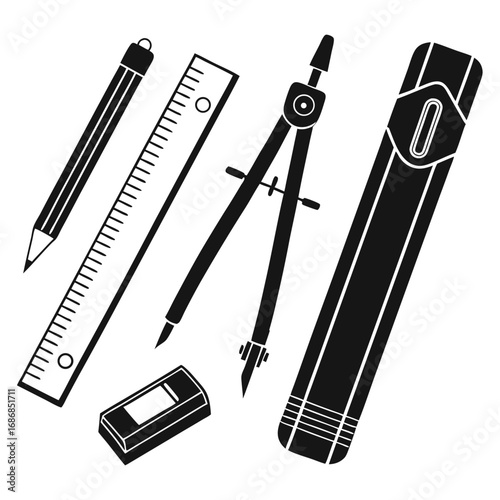 Pencil ruler compass eraser pencil case silhouettes vector