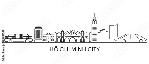 Ho Chi Minh City Line Art skyline horizontal banner. Black Ho Chi Minh City, Vietnam. Vector template for your design. with white background