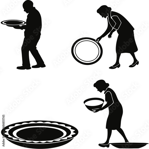 People holding plates and bowls silhouette woman