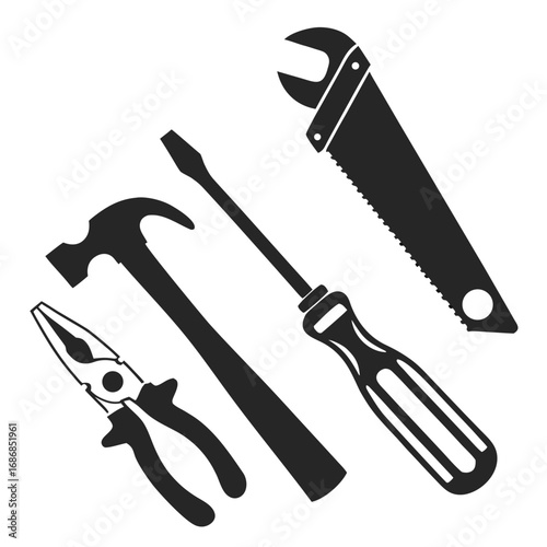 Pliers hammer screwdriver wrench tool silhouettes tools