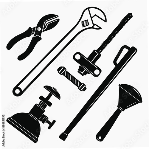 Plumbing tools collection pipe wrench clamp plunger vector